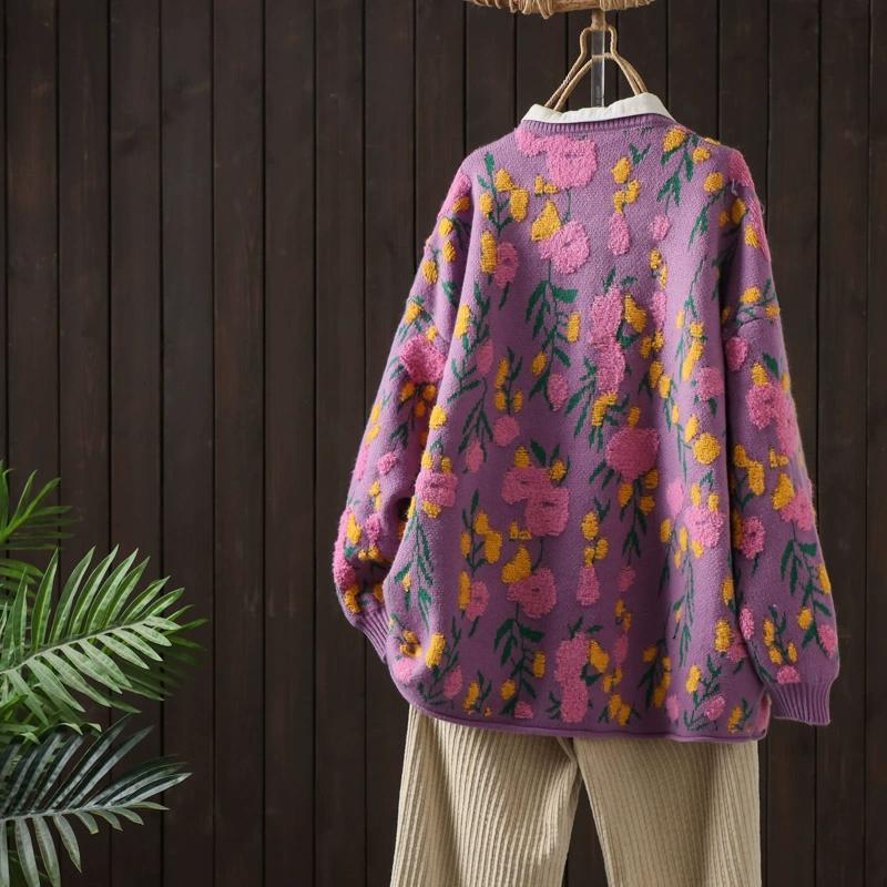 DIMANAF 2025 Цветочные свитера Кардиган Осень Женские с принтом С круглым вырезом Свитера Вязаные Свободные Черный свитер