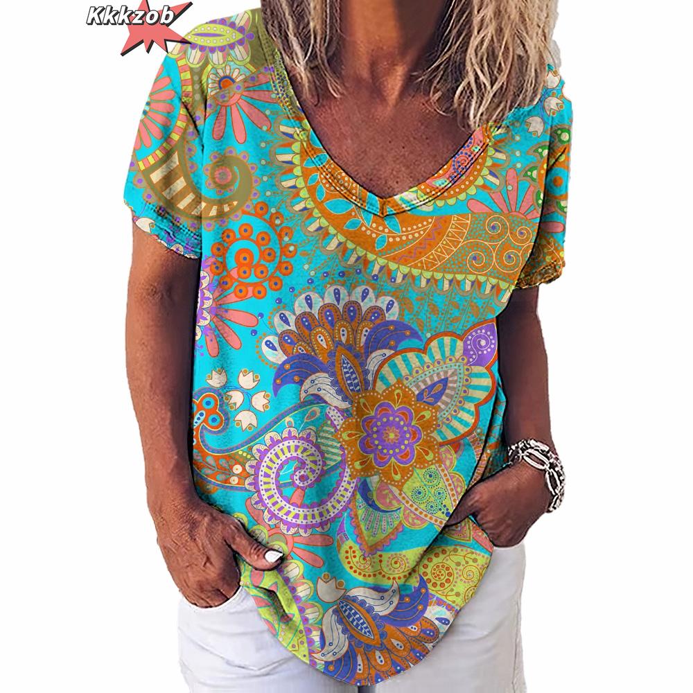 Винтажный топ с принтом, женская уличная одежда с короткими рукавами, летняя футболка, женская модная повседневная футболка с v-образным вырезом, женская одежда большого размера Y2k