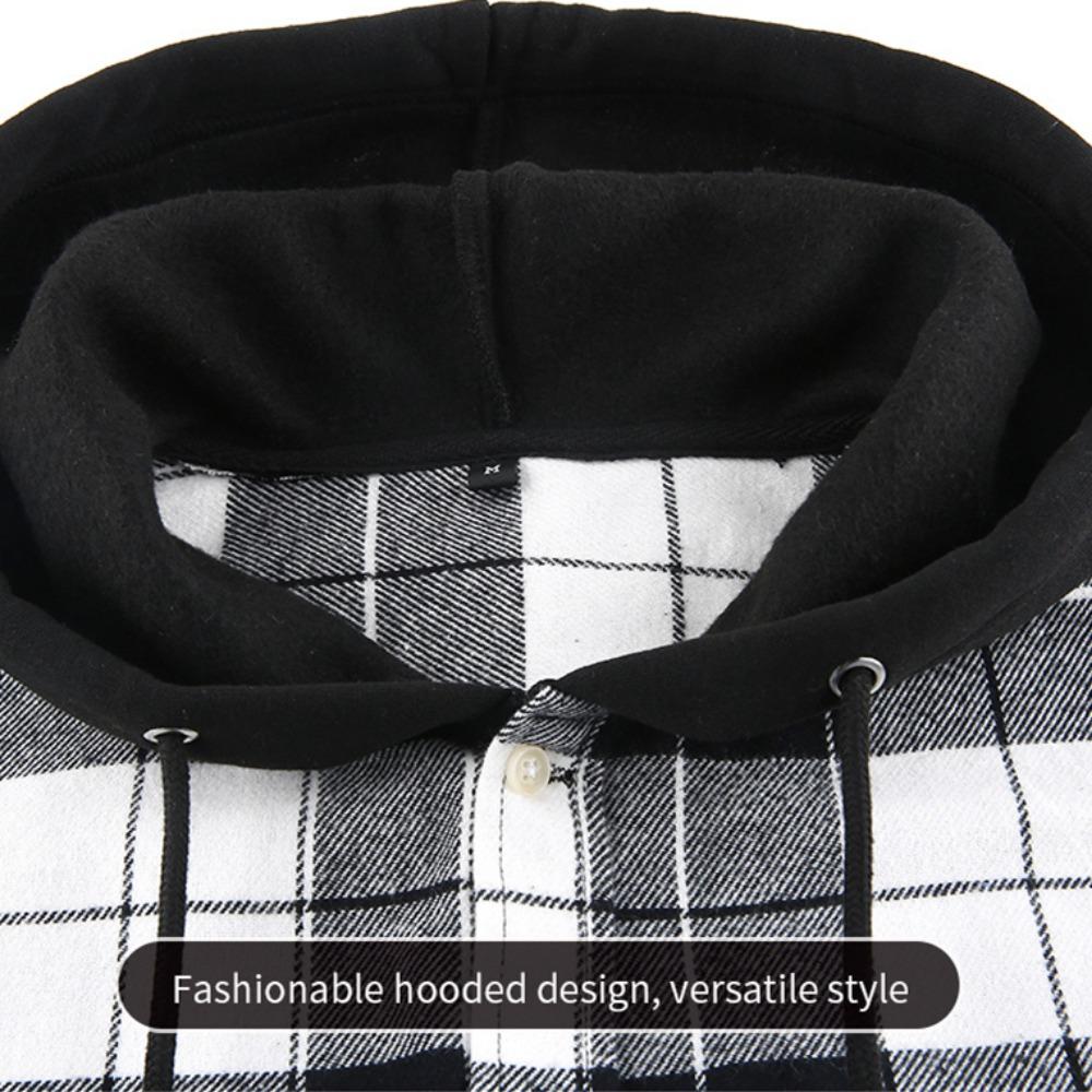 New Hooded Men's Plaid Shirts Long Sleeved Casual Flannel Loose Coat Fashion Street Style Men's Sports Shirt Jacket Male Clothes