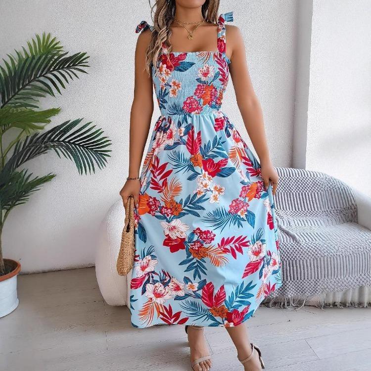 Summer Floral Beach Vacation Sling Dress Spring