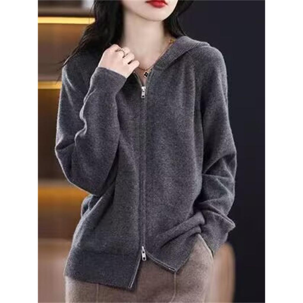 Осенний вязаный кардиган на молнии, женский повседневный однотонный кашемировый свитер с капюшоном, пальто, женский дикий вязаный топ