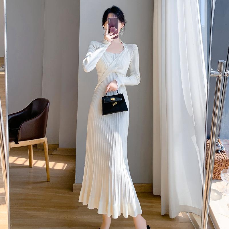 Корейское шерстяное вязаное платье «рыбий хвост» - Женское осенне-зимнее длинное выше колена облегающее базовое платье