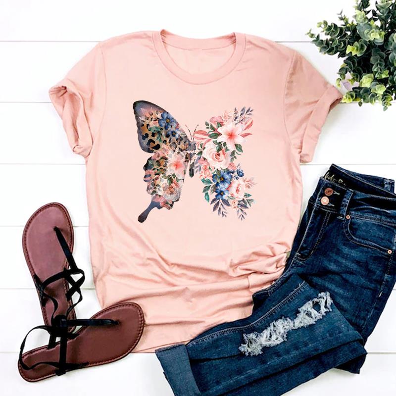 (Азиатский размер)Футболка в стиле Love Heart Butterfly, повседневная женская футболка с коротким рукавом и принтом, женская модная футболка, женская футболка с графическим рисунком