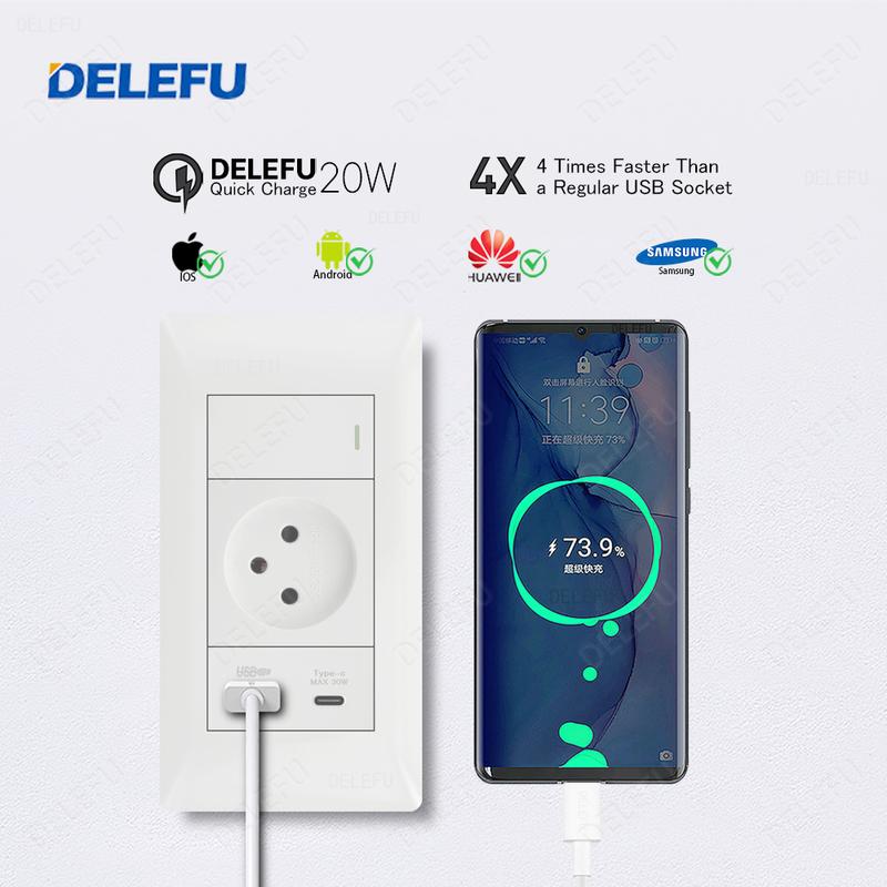 DELEFU Flame-retardant SC80 Panel 145mm White Israeli Standard USB C-type Fast Charging Wall Socket Switch TV Phone CAT5 CAT6