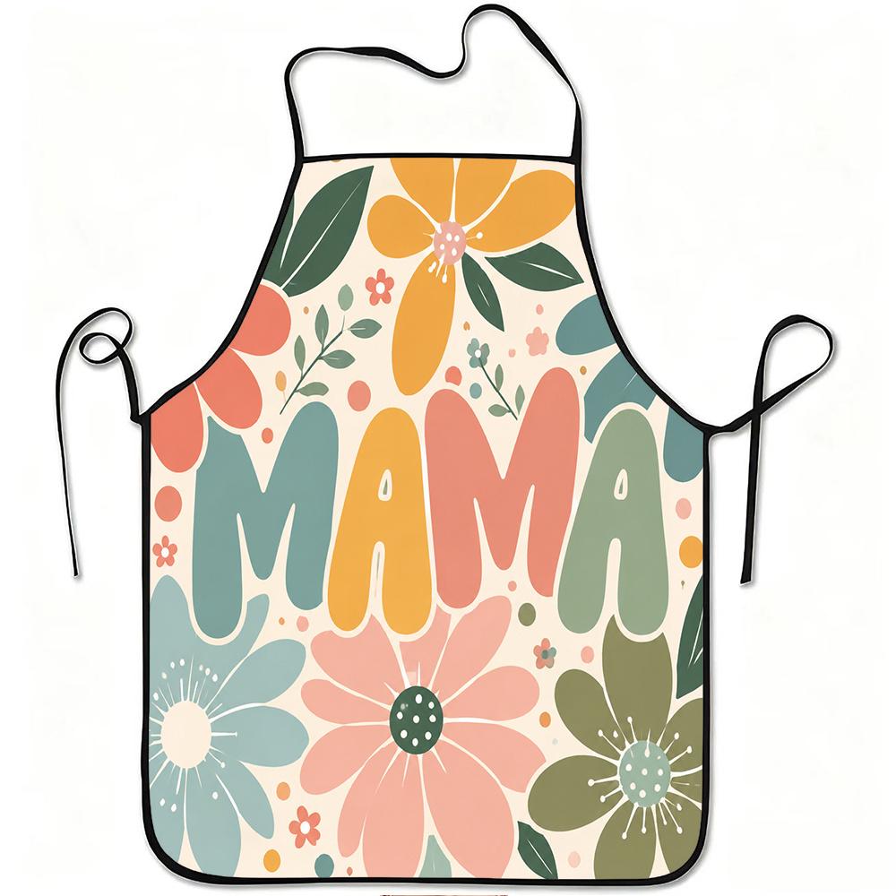 1pc MAMA Floral Retro Print Apron, Durable And Easy to Clean, Adjustable Waistband, Polyester Material, for Kitchen Cooking, Gardening, Orchard Pickin
