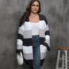 Women's Autumn and Winter Large Size Clashing Colour Splicing Double Pocket Striped Sweater