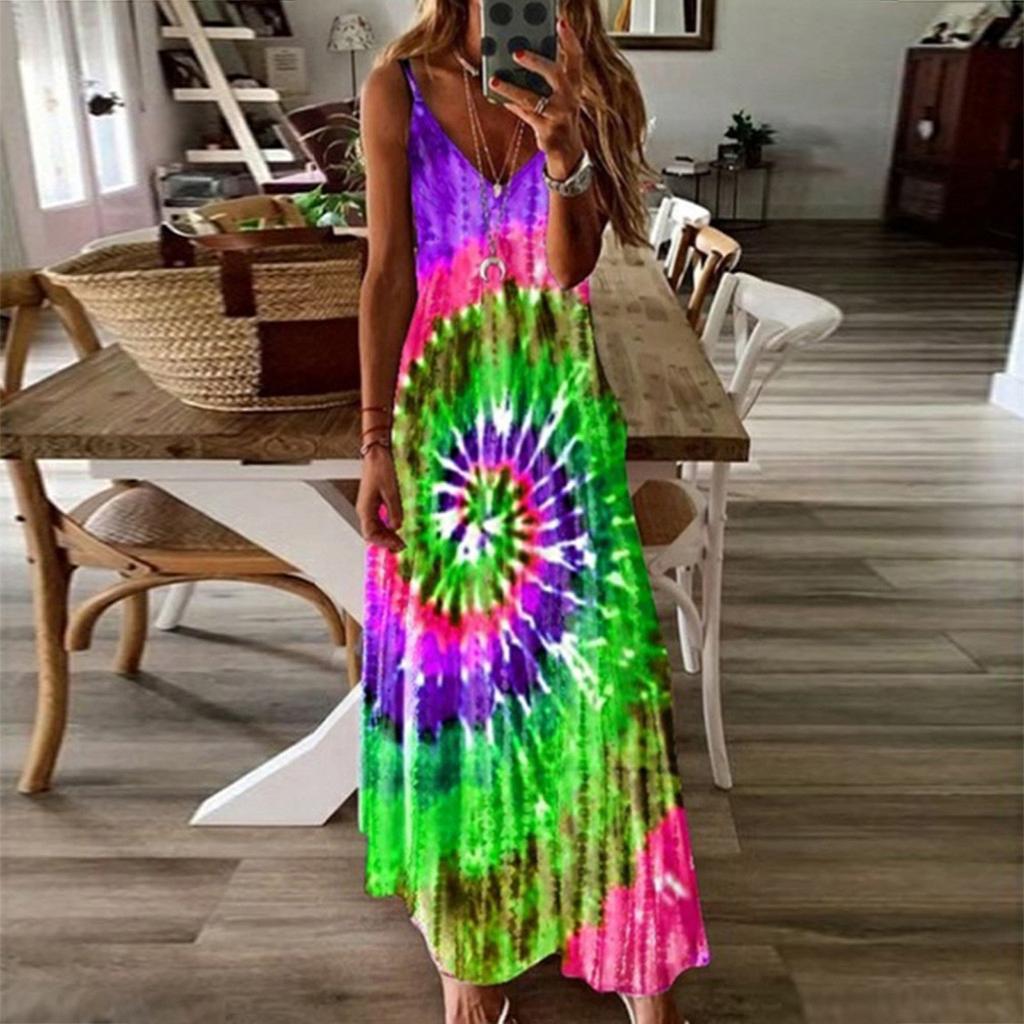 Women's Sleeveless Loose V-Neck Plain Tie-dye Printing Maxi Dresses Long Dress