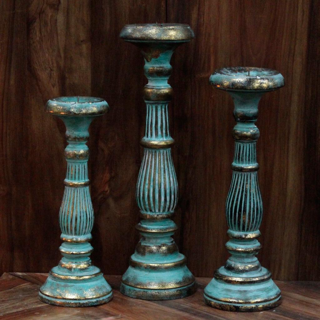 Wooden Candlestick Holder Medium Turquoise Gold