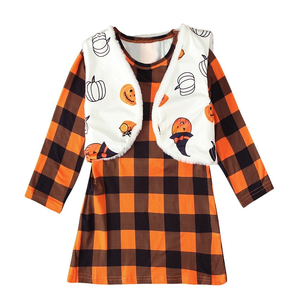 Костюм тыквы на Хэллоуин, детское клетчатое платье и жилет с длинными рукавами для девочек, комплект из 2 предметов, одежда для детей 1-7 лет