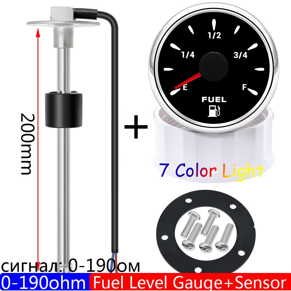 7 Color Backlight 2" 52mm Fuel Level Gauge+Fuel Float Level Sensor 0-190 Ohm for Car Boat Yacht Oil Tank Level Indicator