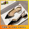 2025 Spring New One-word Buckle with Pointed Head Rivets Middle Heel Bag Head Thick Heel Willow Shoes Cool Slippers Women's Outer Wear