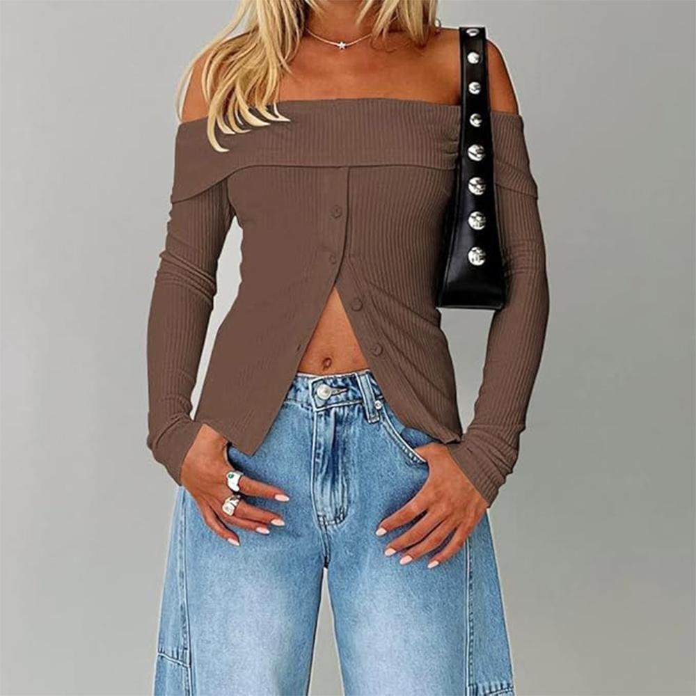 Women Y2k Off Shoulder Button Up Ribbed Knit Sweater Vintage Slim Fit Long Sleeve Foldover Pullover Top