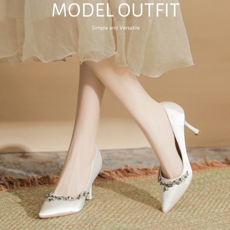 New Pointed Stiletto Shoes Large Size Plus Wide Pearl Women's High Heels Wedding Shoes Bridesmaid Shoes Rhinestone Fashion