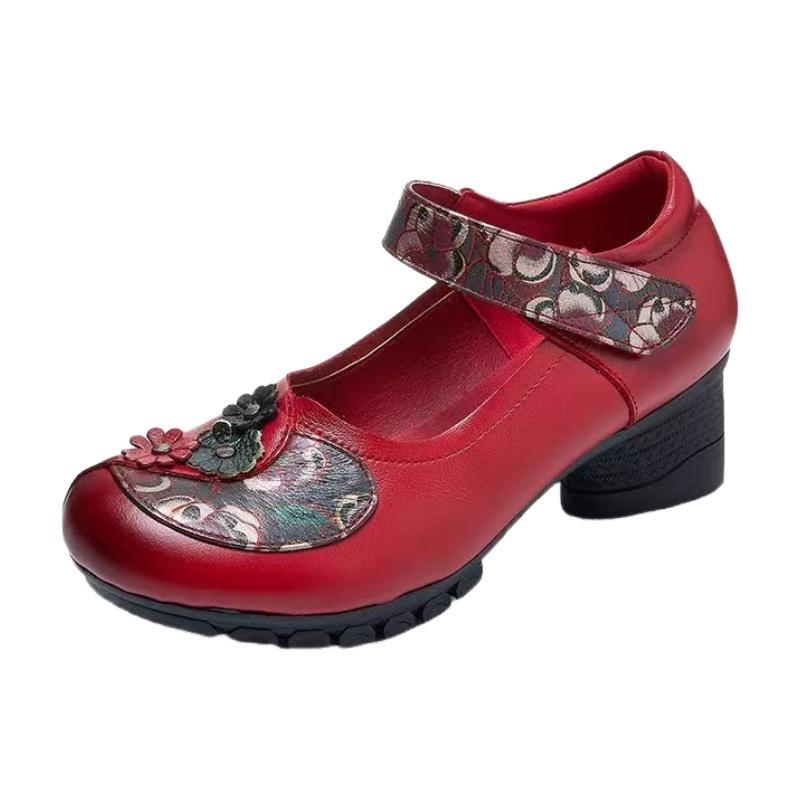 Национальные ретро новые женские туфли для среднего и пожилого возраста с мелким вырезом на липучке кожаные туфли на мягкой подошве удобные туфли для мамы для квадратных танцев