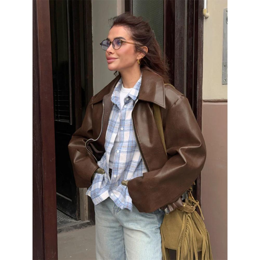 Женская винтажная куртка винного цвета из искусственной кожи, модная верхняя одежда, на молнии, с лацканами, полиуретановые пальто, осень-зима, уличная одежда, женские короткие топы