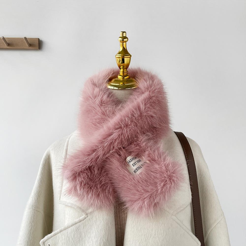 Soft Waxy Wind Thickened Solid Color Fluffy Scarf To Keep Warm Imitation Rex Rabbit Hair Cross Scarf Plush Collar Women