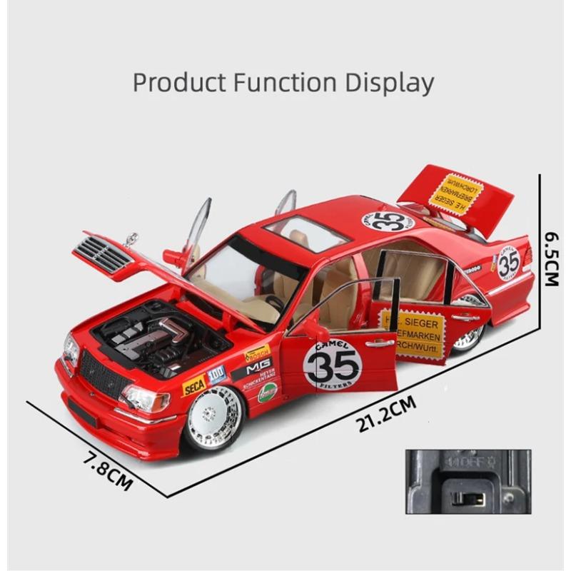 1/24 Benz W140 S320 SEL Red Pig Alloy Wide Body Sports Car Model Diecast Metal Modified Raing Car Model Sound and Light Kids Toy Gift