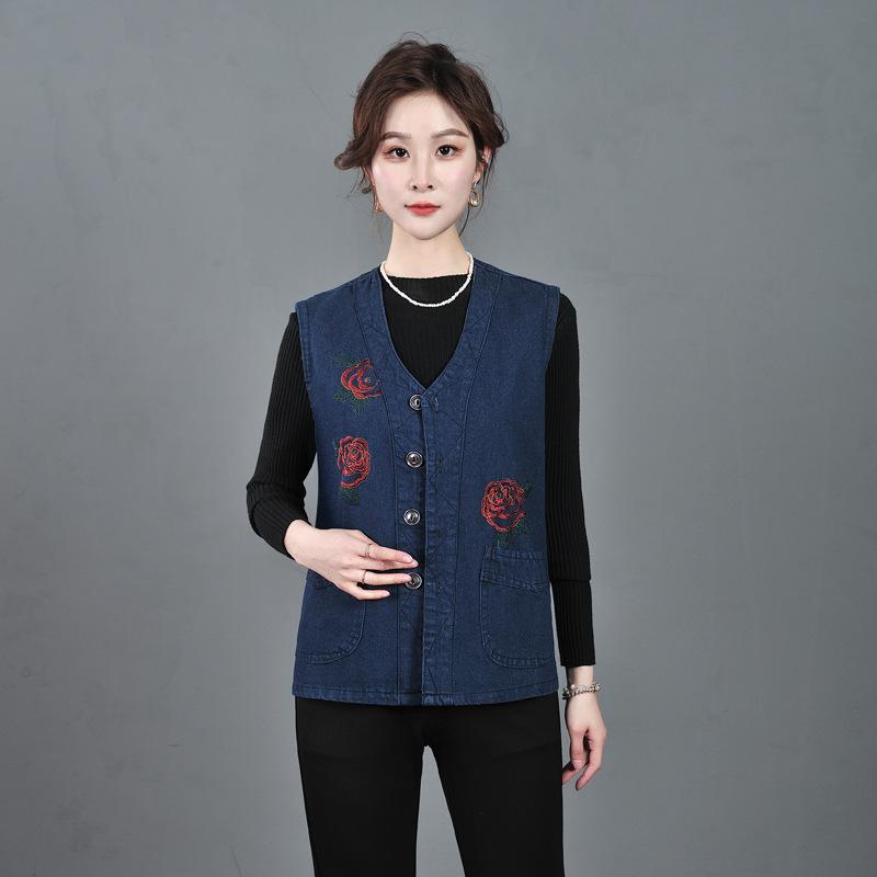 Spring and Autumn Denim Vest Women's Dark Blue Middle-aged Mother Vest Vest Large Size