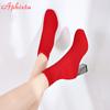 Fashion Aphixta Metal Color 7cm Square Heels Socks Boots Women Big Size 43 Stretch Fabric Elastic Pointed Toe Shoes Ankle Boot Woman