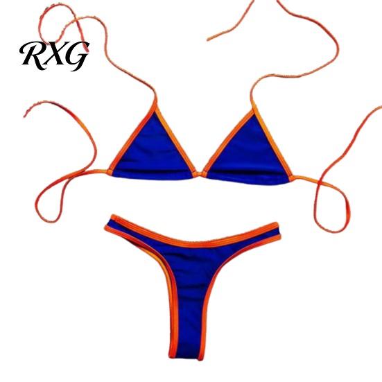Sexy Swimwear Women Triangle Bikini Set, Halter Tie Top & High Cut Thong, Summer Two Beach Set Piece Swimsuit, Contrast Color Bathing Suit for