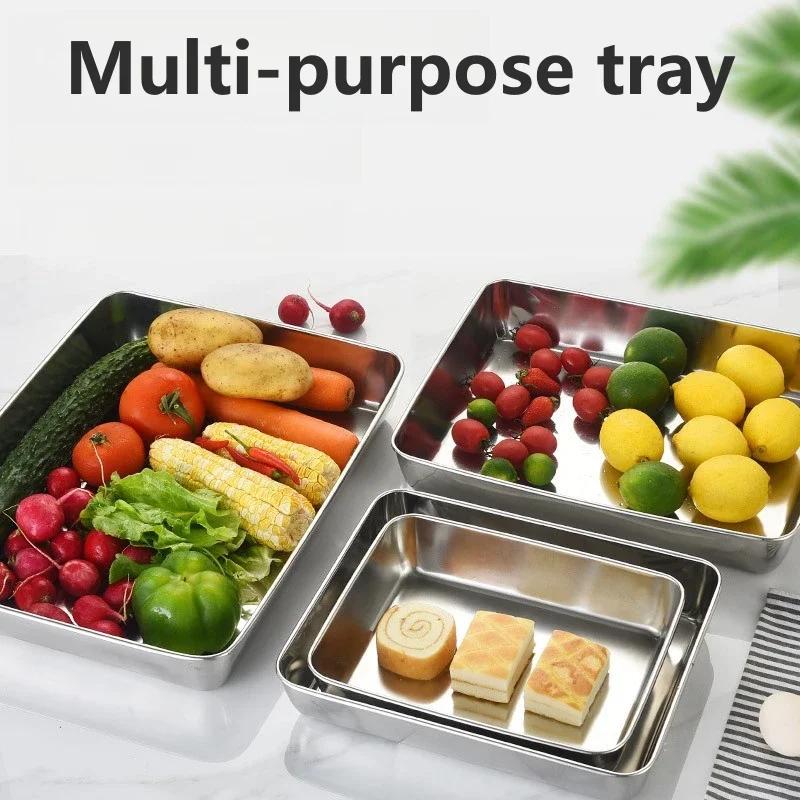 1Pc Thickened Stainless Steel Tray Large Capacity Food Storage Pan with Lid Commercial Dish Tray Freshing Lunch Box Container