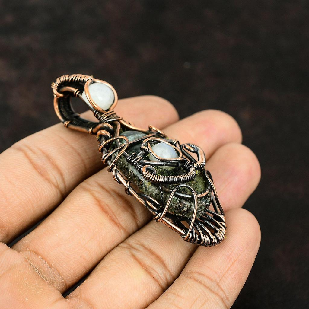 Подвеска из серафинита с медной проволокой в технике wire wrap, драгоценный камень, дизайнерские украшения, подвеска «Злой глаз» из радужного лунного камня, украшения ручной работы, подарок для него
