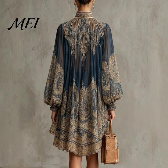 Elegant Casual Dress Boho Floral Print High Neck Irregular Chiffon Mini for Women, Lantern Sleeve Long Flowy Party Cocktail Dress, Summer Beach