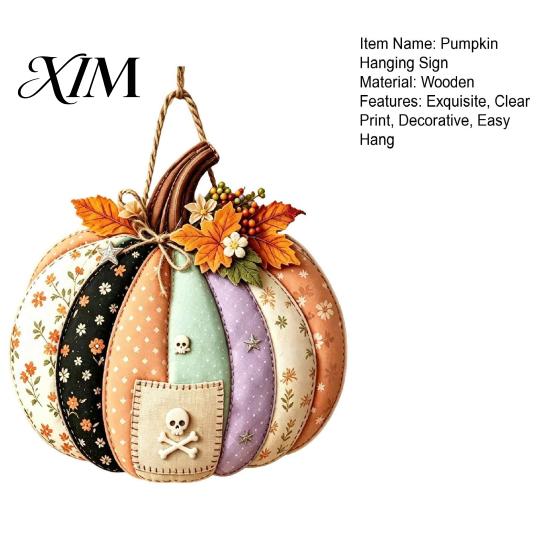 Entryway Decorative Craft Patchwork Pumpkin Wooden Door Hanger, Fall Harvest Halloween Sign Autumn Hanger with Maple Leaves Berries, Farmhouse