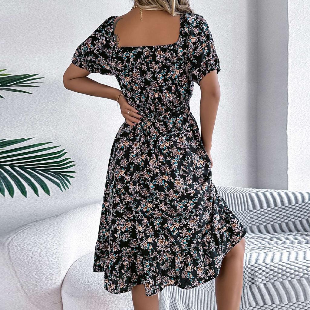 Women's Fashion Floral Print Square Neck Short Sleeve Waisted Ruffled A-Line Skirt