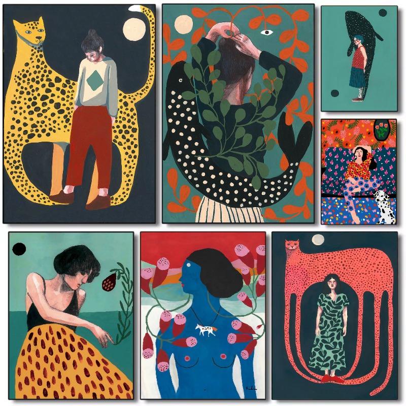 Leopard And Female Art Poster HD Art Sticky Wall Waterproof Home Living Room Bedroom Bar Aesthetic Decoration