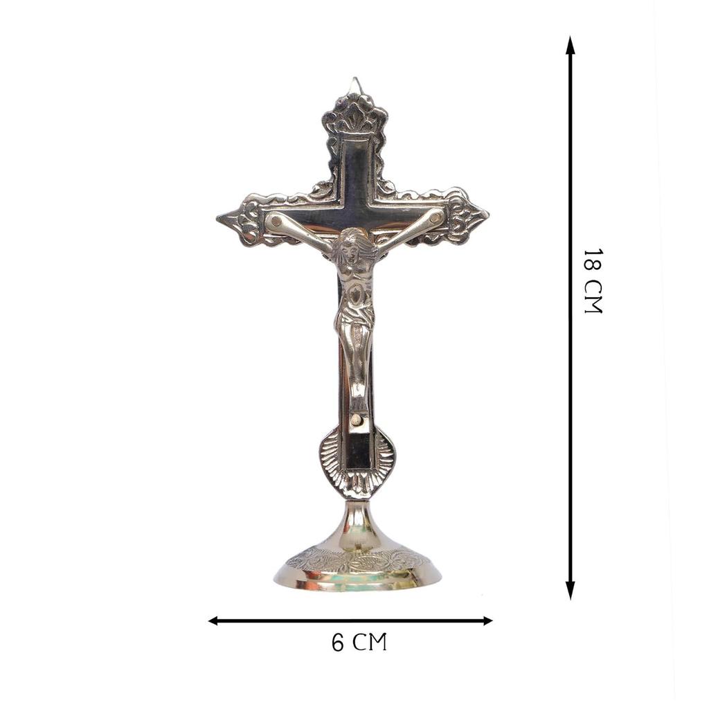 Christian Cross Jesus Christ Statue In Antique Finish- Brass Jesus Christ Cross Table Standing Showpiece Creative Lord Jesus Holy Cross Brass Statue