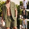 2 Pcs/Set Summer Solid Color Turn-down Collar Single-breasted Men Tracksuit Short Sleeve T-Shirt + Shorts Set