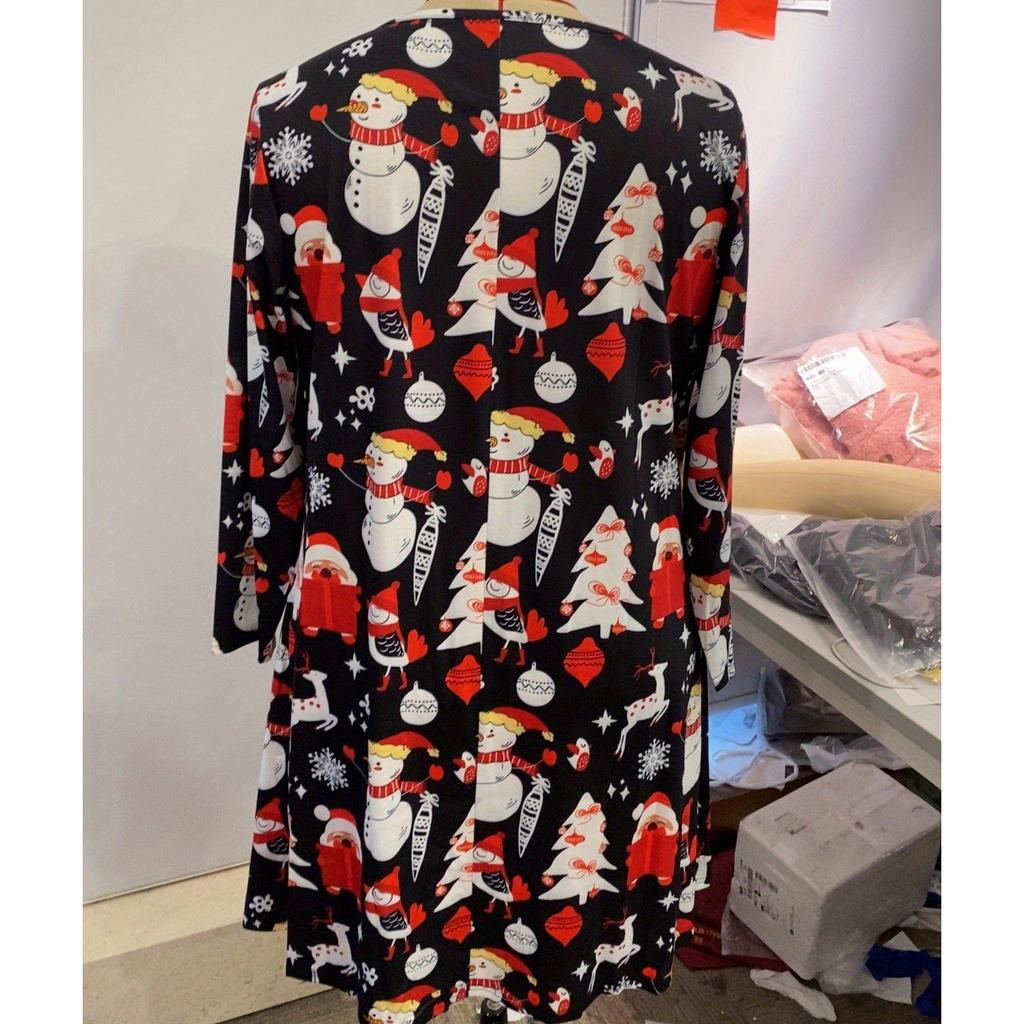 Весенне-осенние модные рождественские платья с мультяшным принтом, женское платье среднего размера с рукавами среднего размера