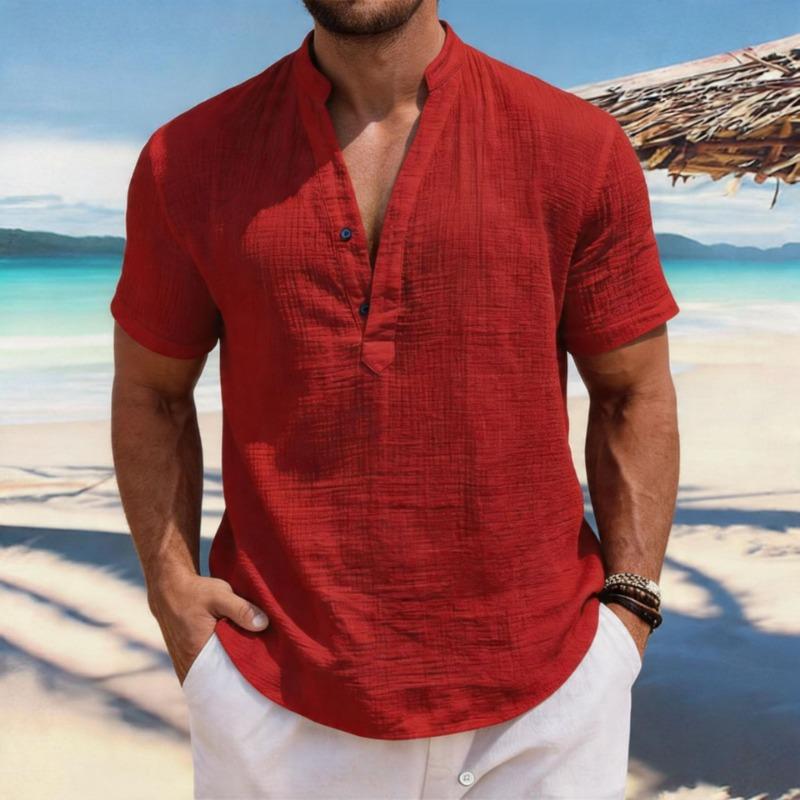 Мужская повседневная льняная рубашка-henley с коротким рукавом