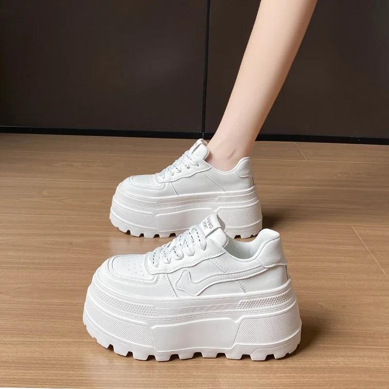 Fashion 8CM Women Platform Sneakers Leather Shoes New Autumn Chunky Vulcanized Skateboard Shoes Women Breathable Comfort Sneakers