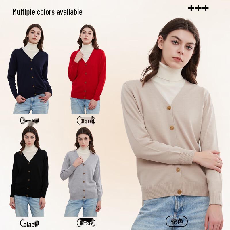 Hengyuanxiang Women's 100% Pure Wool V-Neck Cardigan Sweater