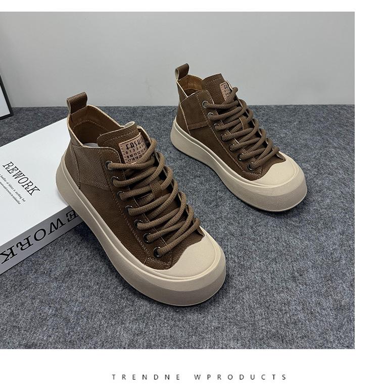 Кожаные уродливо-милые туфли с высоким верхом и большой головой женские 2025 весна новые ретро мягкая подошва женская обувь универсальные спортивные и повседневные кеды