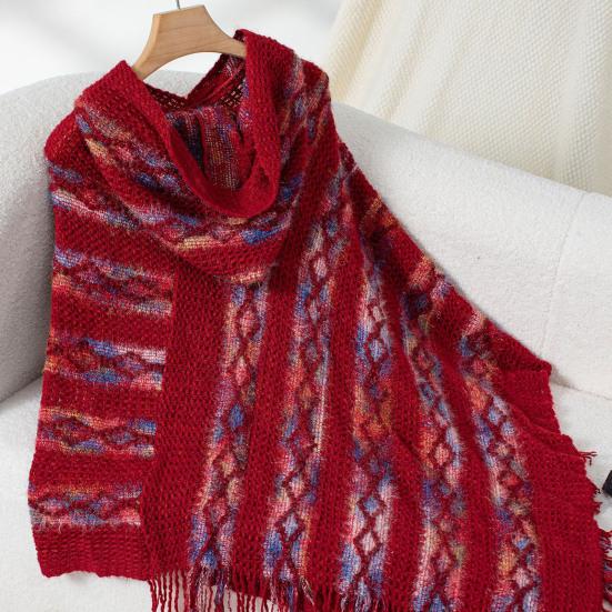 Женский свитер-пуловер с капюшоном, рукав «летучая мышь», с кисточками, вязаная накидка, разноцветная, полосатая, асимметричная