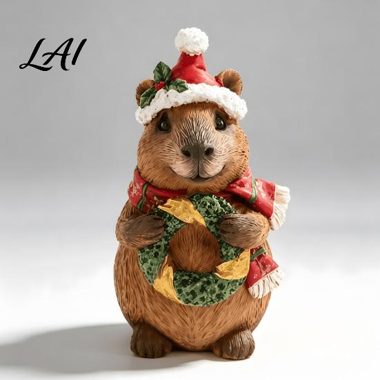 Cute Resin Animal Ornament Christmas Capybara Figurine with Hat And Scarf Tree Accessory Statue Cartoon Sculpture for Home Holiday Party Tabletop