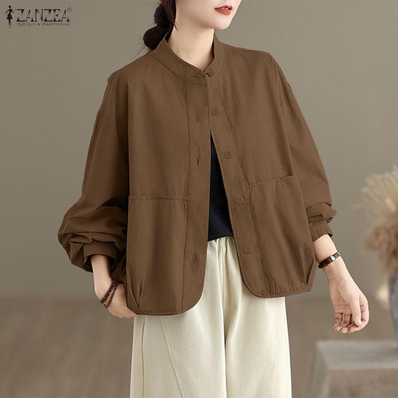 ZANZEA Женская повседневная блузка с воротником-стойкой и длинным рукавом