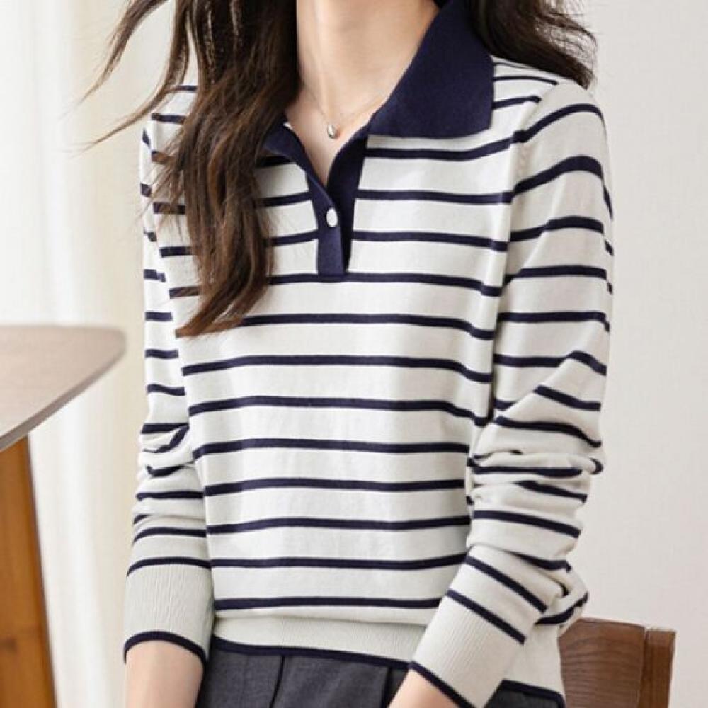Navava Casual Striped Collar Long Sleeve Knit Top Nk1772