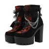 Gdgydh Vintage Gothic Lace Ankle Boots for Women Chunky Heel Side Zipper with Chain Detail Platform Goth Boots High Heels