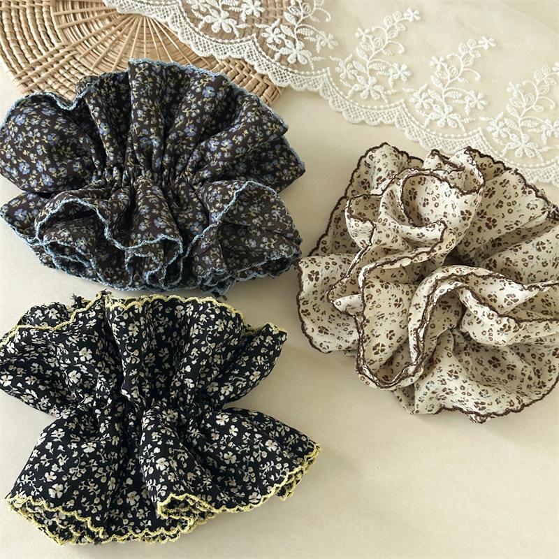 Intricate Floral Print Multi Ruffled Headwear Embroidered Edge Voluminous Hair Circles Baroque Romantic Style Hair Ties For Weddings