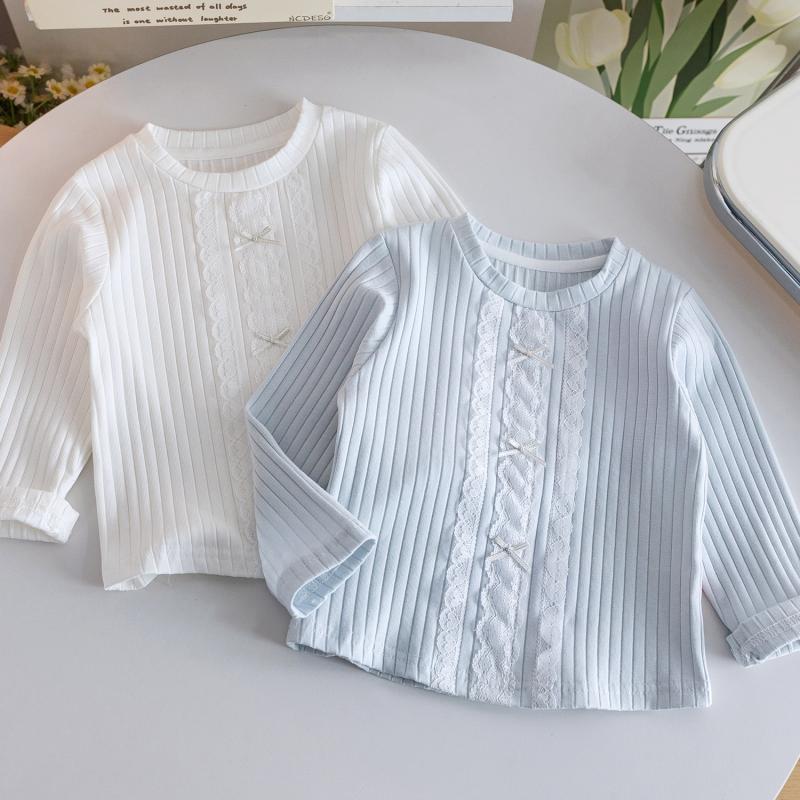 Girls Top Autumn Long-Sleeved T-Shirt Kids Solid Color Sweet Bow Blouse New Casual Bottoming Shirt Spring Baby Warm Children's Clothing