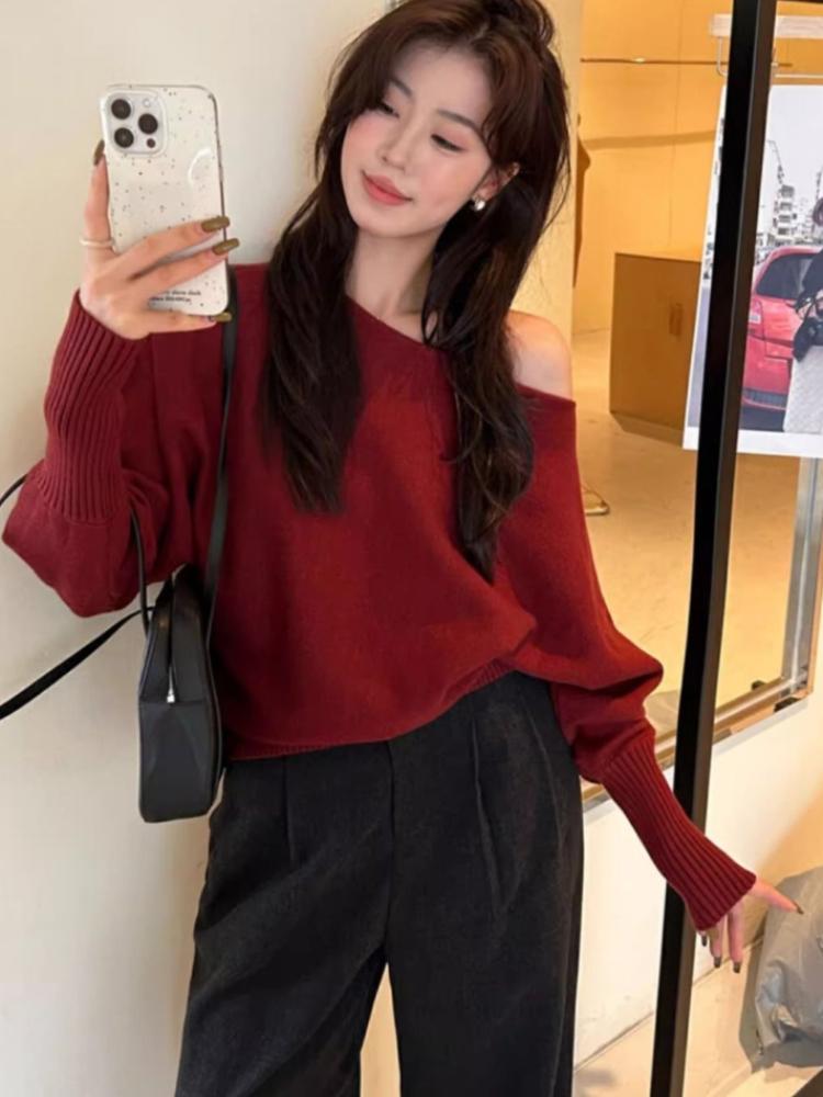 Женский сексуальный мягкий восковой свитер с открытыми плечами, осенний корейский модный новый однотонный повседневный пуловер серо-черного цвета, одежда