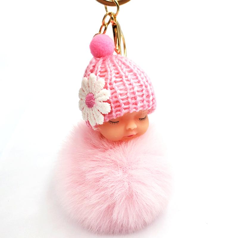 1PC Cartoon Lovely Women Baby Sleep Doll Keyring Plush Bag Pendant Fluffy Fur Ball