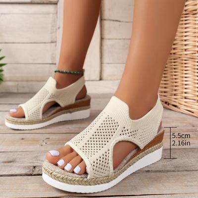 Новые летние босоножки на наклонном каблуке Женские сандалии Flyknit с дышащей сеткой «рыбий рот»