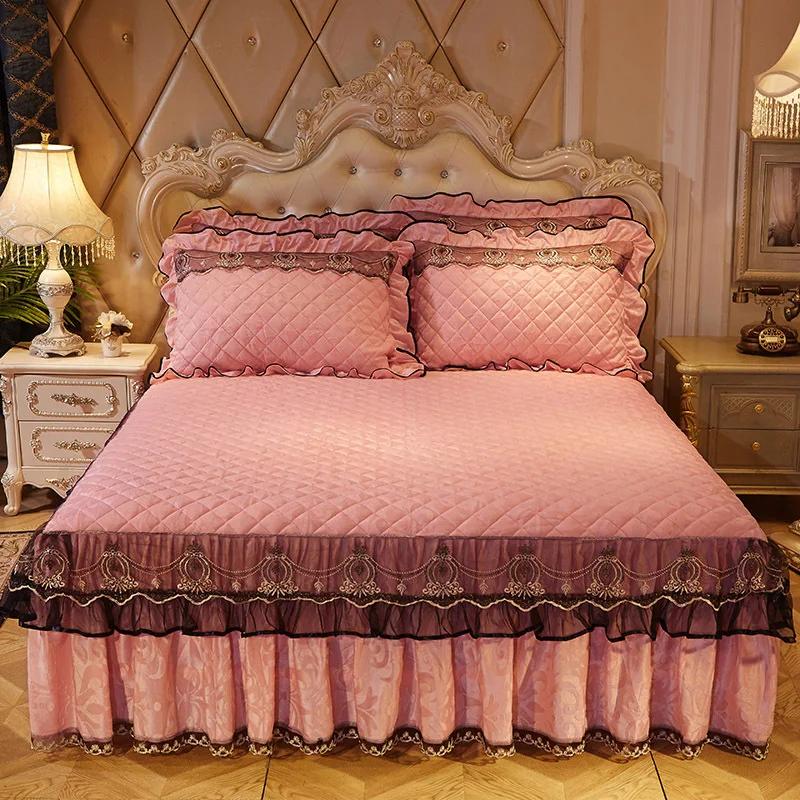 Осенне-зимние бархатные кружевные юбки-кровати из плотного хлопка с зажимом в европейском стиле, покрывало, матрас, противоскользящий защитный чехол, постельные принадлежности