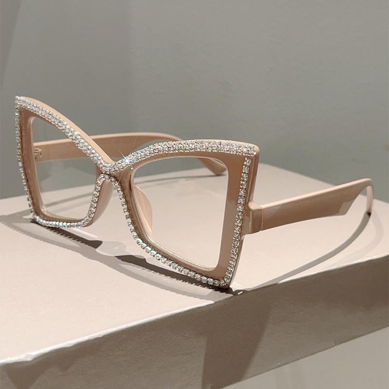 Trendy Retro Oversize Cat Eye Frame Women Crystal Shiny Decor Glasses Blue Light Blocking Ins Brand Design Eyewear