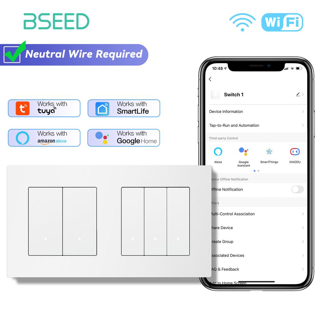 BSEED WIFI Click Switches Wall Smart Click Light Plastic Switches Yellow Backlight Plastic Frame EU Standard Tuya APP Switch